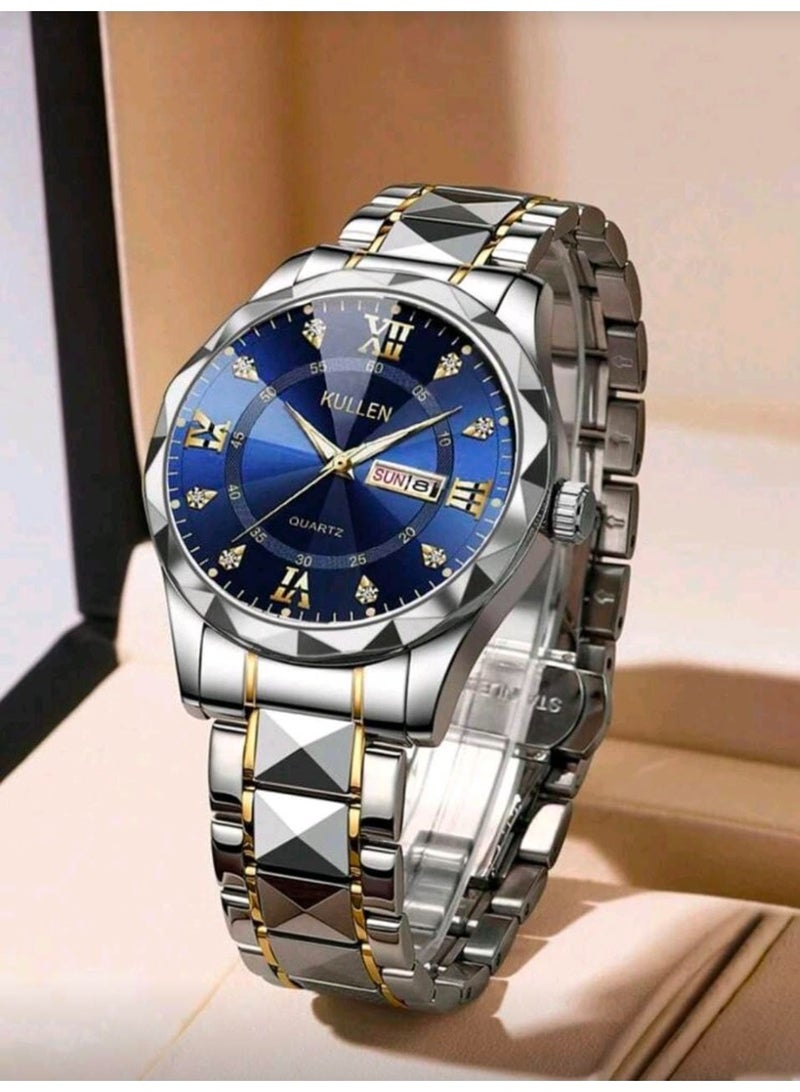 كولين Men's Casual Business Quartz Watch With Calendar, Stainless Steel Strap (Royal Blue) - Image 2